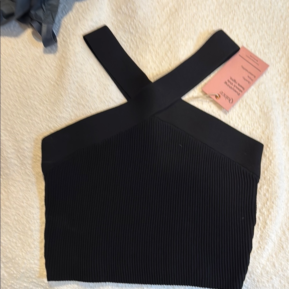 Quince Black Ribbed Asymmetrical Crop Tank Top